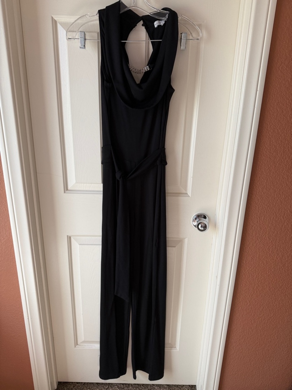 White House Black Market Black Cowl-Neck Sleeveless Jumpsuit with Waist Tie